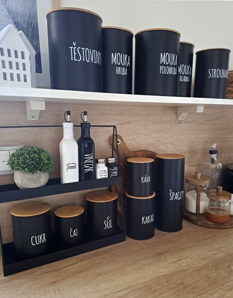 Orion Dóza na potraviny, plechová, černá, s bambusovým víkem, 2,3l, MOUKA HLADKÁ