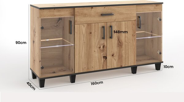 Příborník Komoda Vanessa II skříňky sklo dřevo nábytek obývací pokoj skříň 160 cm bez LED osvětlení (dub Artisan a černá)