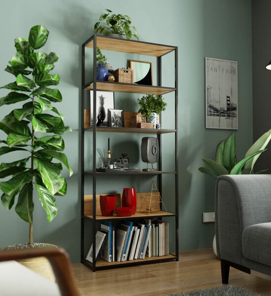 Ak furniture Knihovna Loft s kovovým rámem 80 cm černá/dub craft