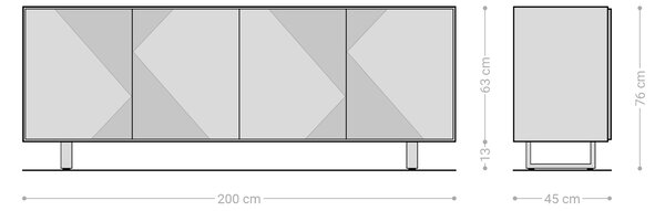 DELIFE Komoda Tereos 200 cm jasan tmavě hnědá 3D efekt 4 dvířka podnož kov černá