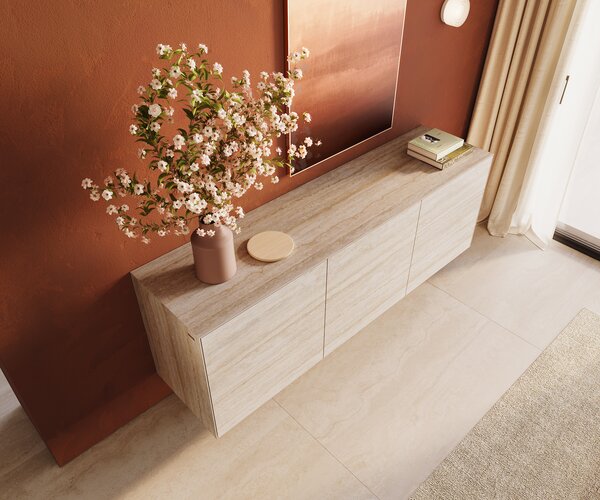 DELIFE Komoda Cuor 180 cm keramika Laminam® Travertino Bianco krémově bílá 2 dvířka 3 zásuvky závěsná