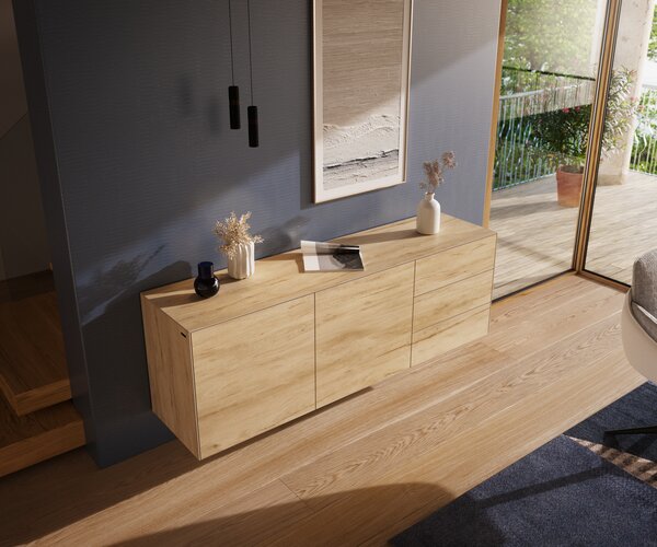 DELIFE Komoda Cuor 180 cm keramika Laminam® Sabbia dubová 2 dvířka 3 zásuvky závěsná