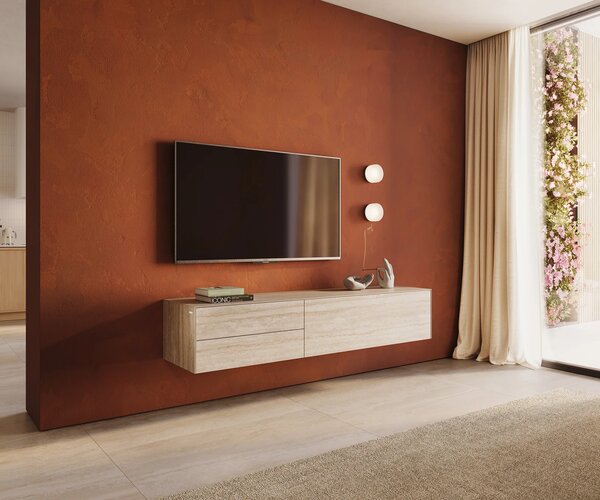 DELIFE TV stolek Cuor 180 cm keramika Laminam® Travertino Bianco krémově bílá 1 výklopná dvířka 2 zásuvky závěsný