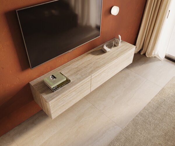 DELIFE TV stolek Cuor 180 cm keramika Laminam® Travertino Bianco krémově bílá 1 výklopná dvířka 2 zásuvky závěsný