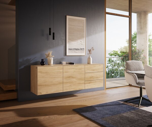DELIFE Komoda Cuor 180 cm keramika Laminam® Sabbia dubová 2 dvířka 3 zásuvky závěsná