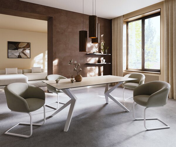 DELIFE Jídelní stůl Edge 200x100 keramika Laminam® Travertino Bianco krémová bílá Zenthara hranatý kov bílá