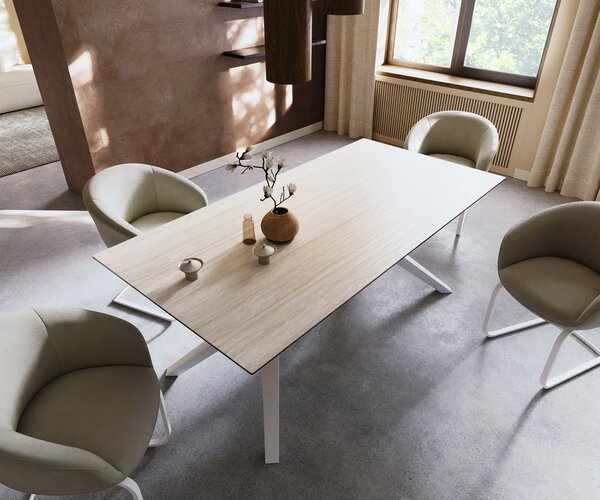 DELIFE Jídelní stůl Edge 200x100 keramika Laminam® Travertino Bianco krémová bílá Zenthara hranatý kov bílá