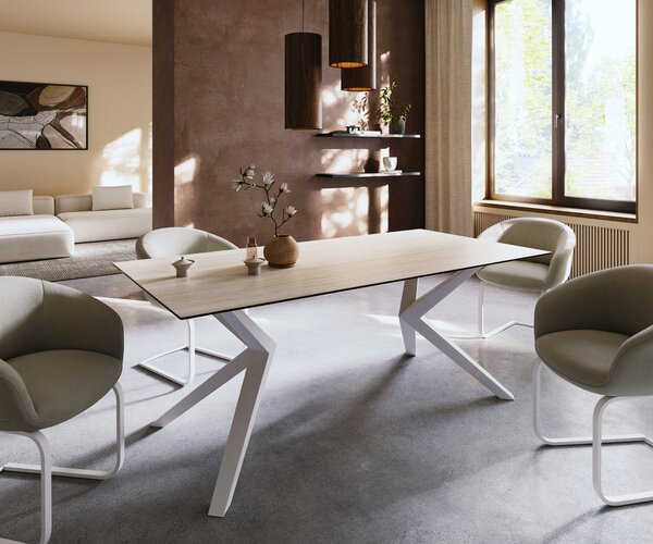 DELIFE Jídelní stůl Edge 200x100 keramika Laminam® Travertino Bianco krémová bílá Zenthara hranatý kov bílá