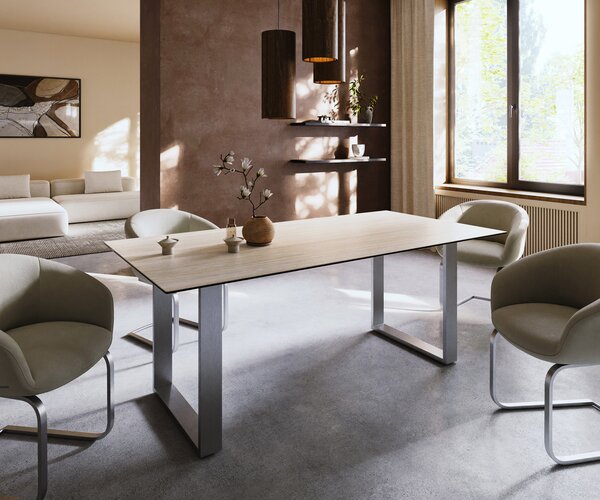 DELIFE Jídelní stůl Edge 200x100 keramika Laminam® Travertino Bianco krémová bílá nerezová ocel úzký