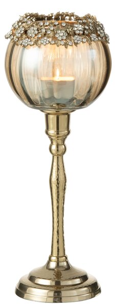 Zlatý svicen na nožičce se zdobením a kamínky Volve L - Ø10*33cm - J-Line by Jolipa