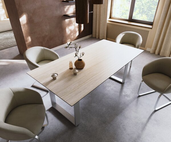 DELIFE Jídelní stůl Edge 200x100 keramika Laminam® Travertino Bianco krémová bílá nerezová ocel úzký