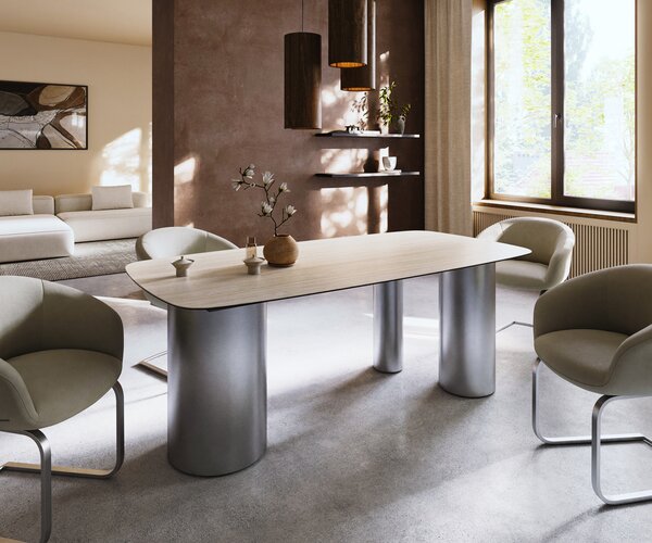 DELIFE Jídelní stůl Edge Boot 200x100 keramika Laminam® Travertino Bianco krémově bílá Troa nerezová ocel broušená