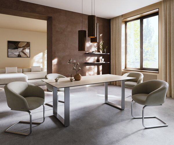 DELIFE Jídelní stůl Edge 200x100 keramika Laminam® Travertino Bianco krémová bílá nerezová ocel úzký