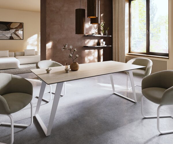 DELIFE Jídelní stůl Edge 200x100 keramika Laminam® Travertino Bianco krémová bílá kov šikmý bílý