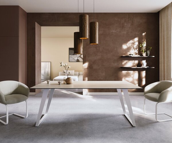 DELIFE Jídelní stůl Edge 200x100 keramika Laminam® Travertino Bianco krémová bílá kov šikmý bílý