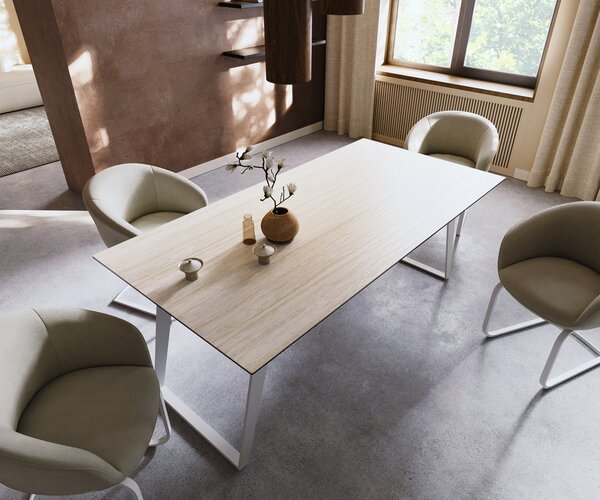 DELIFE Jídelní stůl Edge 200x100 keramika Laminam® Travertino Bianco krémová bílá kov šikmý bílý