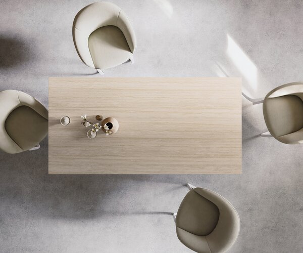 DELIFE Jídelní stůl Edge 200x100 keramika Laminam® Travertino Bianco krémová bílá kov šikmý bílý