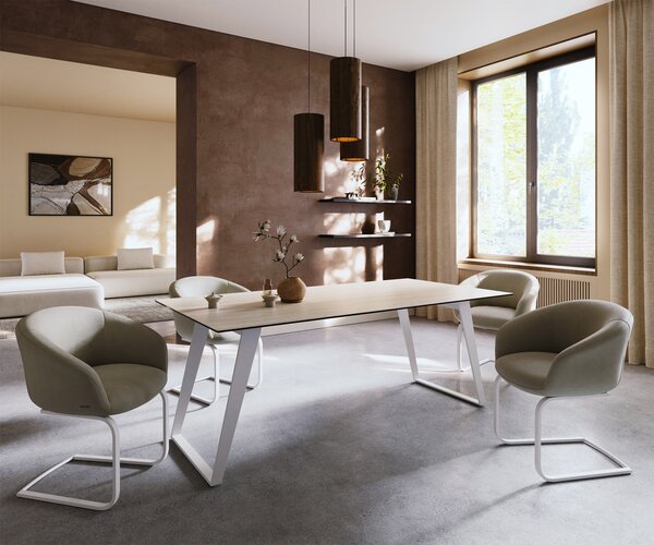 DELIFE Jídelní stůl Edge 200x100 keramika Laminam® Travertino Bianco krémová bílá kov šikmý bílý