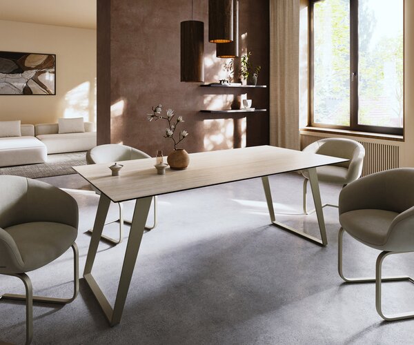DELIFE Jídelní stůl Edge 200x100 keramika Laminam® Travertino Bianco krémově bílá kov šikmý titanová barva