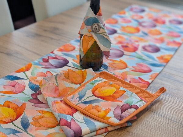 Nelly Jídelní set - tulipánová energie - běhoun, šála na lahev, chňapka, utěrka