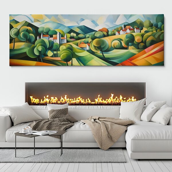 Obraz na plátně - Vesnice v lesní krajině, abstrakce FeelHappy.cz Velikost obrazu (šířka x výška): 60 x 20 cm