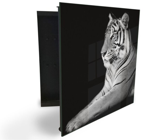 Glasdekor skříňka na klíče - bílý tygr na černém podkladu z boku - Pravé / Bílá