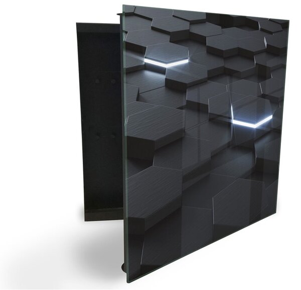 Glasdekor skříňka na klíče - technické 3D černé tvary - Levé / Bílá