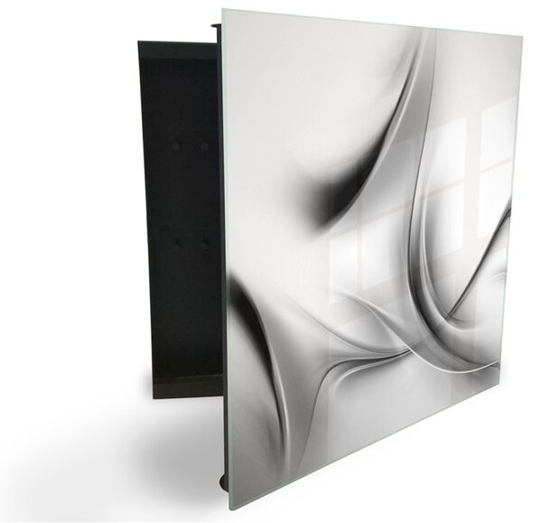 Glasdekor skříňka na klíče - abstraktní šedo černá vlna - Levé / Bílá