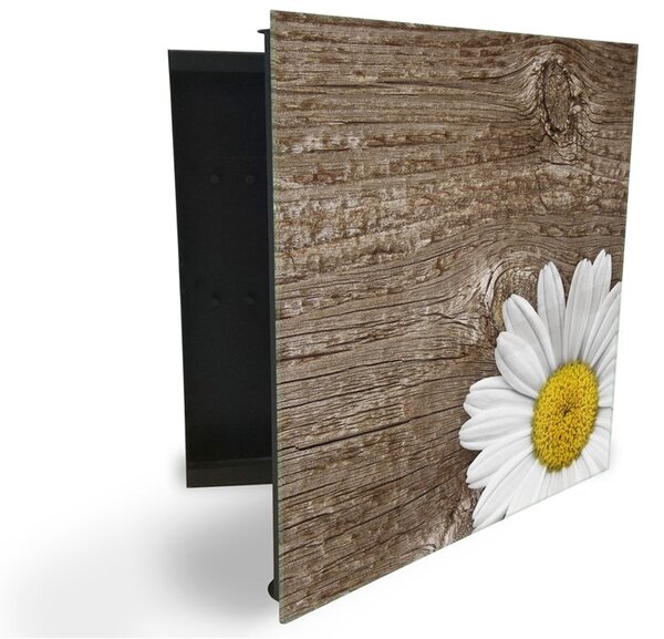 Glasdekor skříňka na klíče - květ bílé kopretiny na dřevě - Levé / Bílá