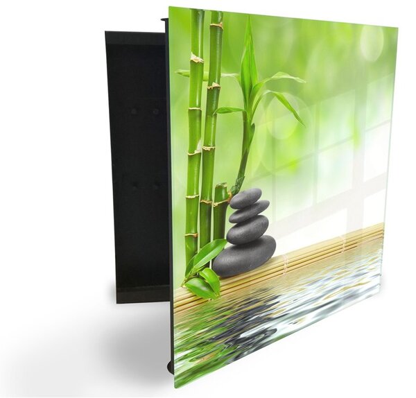 Glasdekor skříňka na klíče - bambus a kámen nad hladinou - Levé / Černá