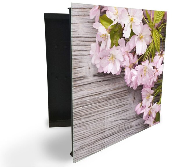 Glasdekor skříňka na klíče - růžové květy třešně na dřevě - Levé / Bílá
