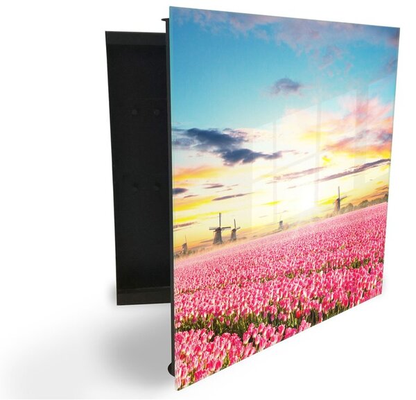 Glasdekor skříňka na klíče - pole tulipánů a větrné mlýny - Levé / Bílá