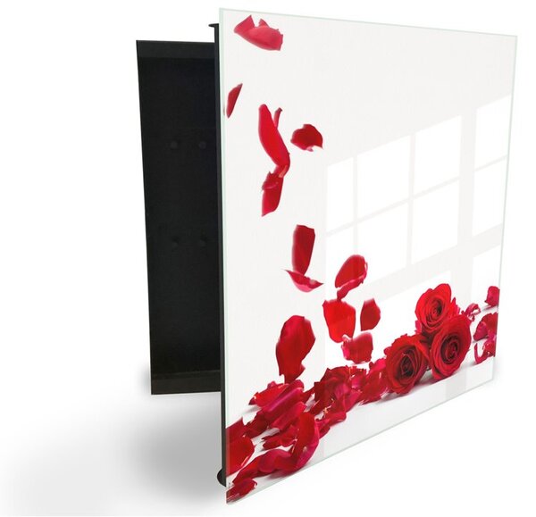 Glasdekor skříňka na klíče - květy a lístky červené růže na bílém - Levé / Bílá