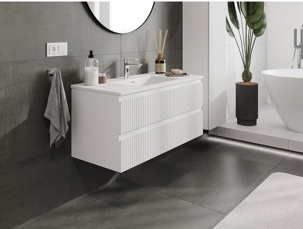 Mexen Rivel koupelnová skříňka 100 cm s umyvadlem Otis, 2 zásuvky, drážkovaná, bílá mat - 91A20-10047-2-BFF01-W18M01