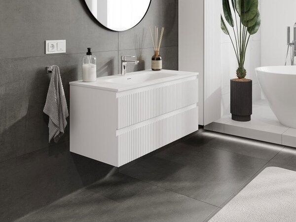 Mexen Rivel koupelnová skříňka 100 cm s umyvadlem Vela, 2 zásuvky, drážkovaná, bílá mat - 91A20-10047-2-BFF01-W23M01