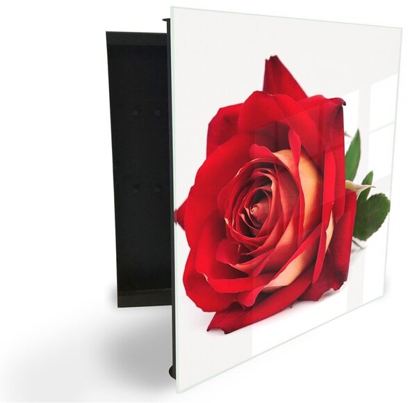 Glasdekor skříňka na klíče - krásný květ rozkvetlé růže - Levé / Bílá