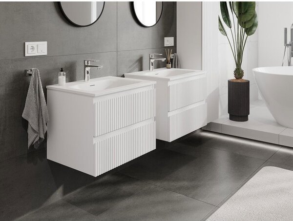 Mexen Rivel koupelnová skříňka 60 cm s umyvadlem Vela, 2 zásuvky, drážkovaná, bílá matná - 91A20-06047-2-BFF01-W23M01