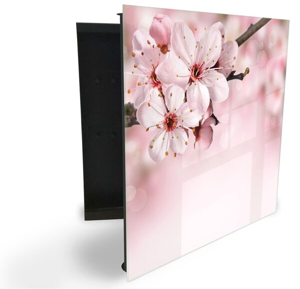 Glasdekor skříňka na klíče - růžové květy na větvi - Pravé / Bílá