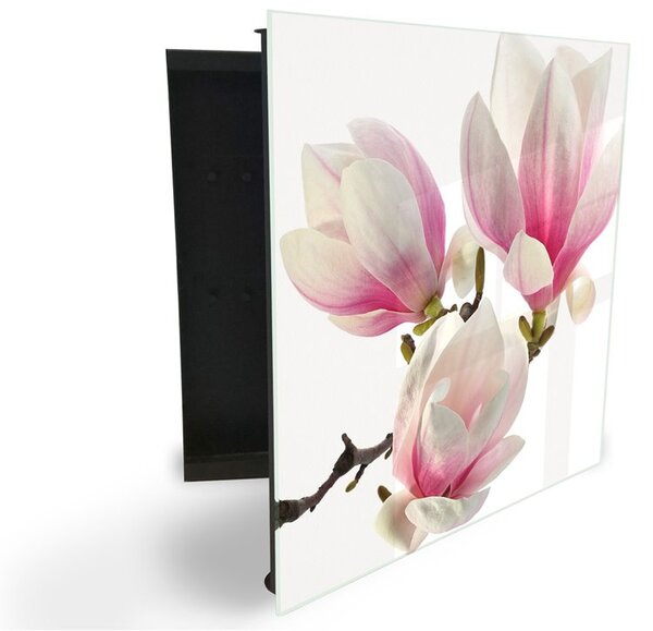 Glasdekor skříňka na klíče - květy magnolie na bílém podkladu - Pravé / Bílá