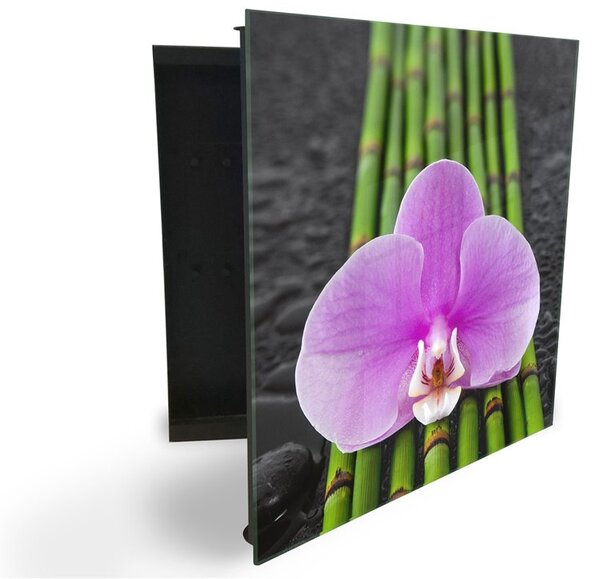 Glasdekor skříňka na klíče - fialová orchidej na bambusu - Pravé / Černá