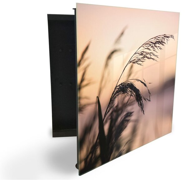 Glasdekor skříňka na klíče - stvol trávy v západu slunce - Levé / Bílá