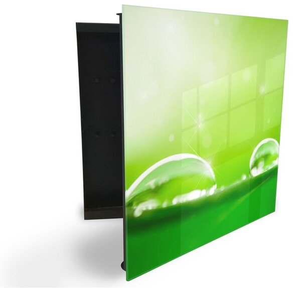 Glasdekor skříňka na klíče - detail rosy na zeleném - Levé / Bílá