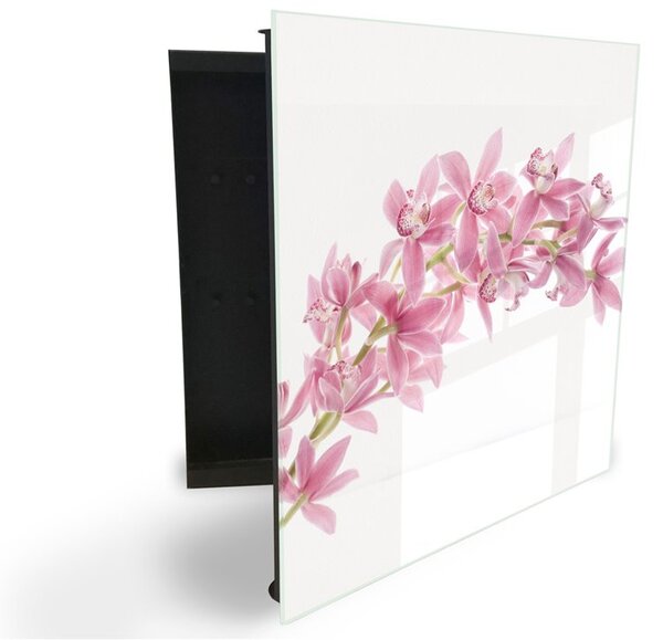 Glasdekor skříňka na klíče - růžové květy orchideje - Levé / Bílá