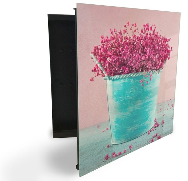 Glasdekor skříňka na klíče - růžový vřes a tyrkysový květináč - Pravé / Černá