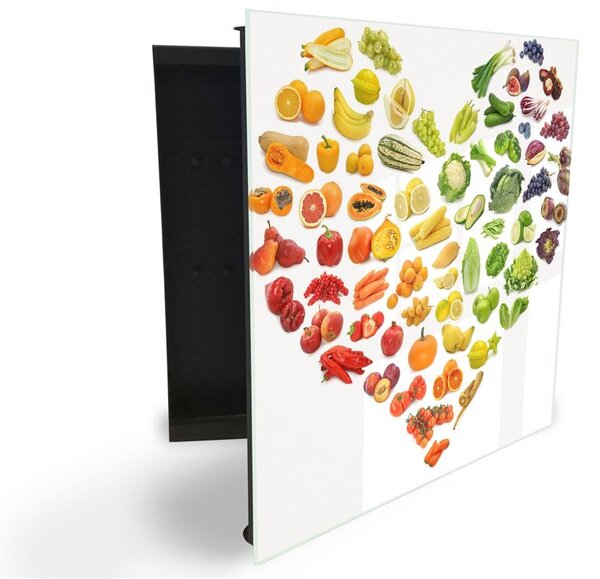 Glasdekor skříňka na klíče - srdce z ovoce a zeleniny - Levé / Černá