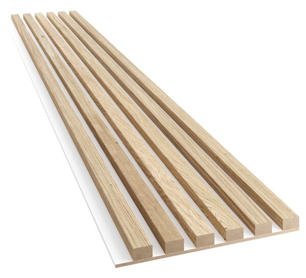 Akustický panel, podklad bílá MDF deska, úzká lamela, dubová dýha, 30x275 cm