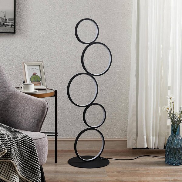 Lindby LED stojací lampa Jacek, černá, kov, 110 cm, kroužky, Černá, Obývací pokoj / jídelna, kov, Moderní