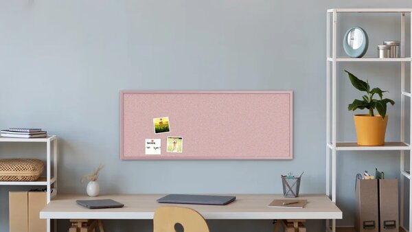 Allboards, korková tabule růžová barva korku 100x40 cm dřevěný rám lakovaný RŮŽOVÝ, TKPINK104P