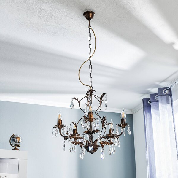 ONLI Lustr Teresa s krystaly, pětilampový, stmívatelný, Bronz / starožitná mosaz, Obývací pokoj / jídelna, kov, Starožitný