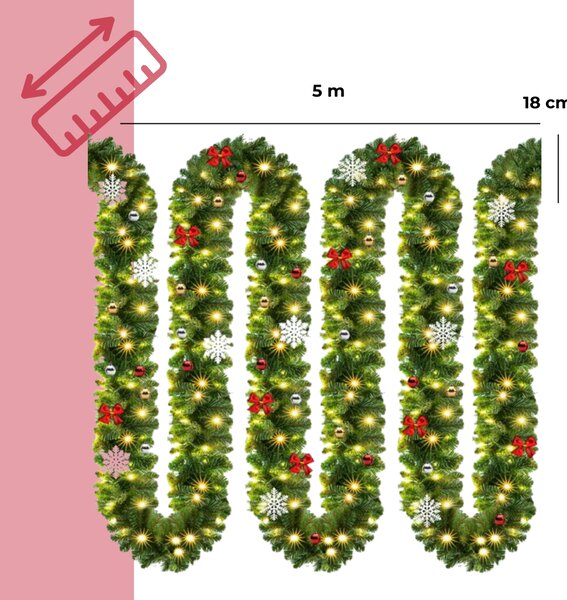 Vánoční girlanda ANDREA s osvětlením, zdobená, 5m, zelená Jurhan